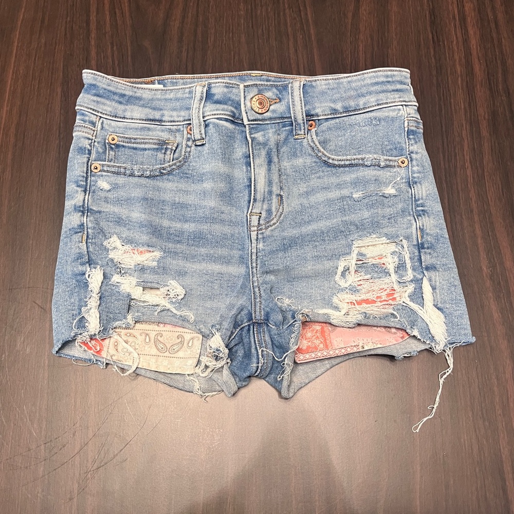American Eagle Outfitters Light Blue Distressed Jean Shorts with Paisley Pockets